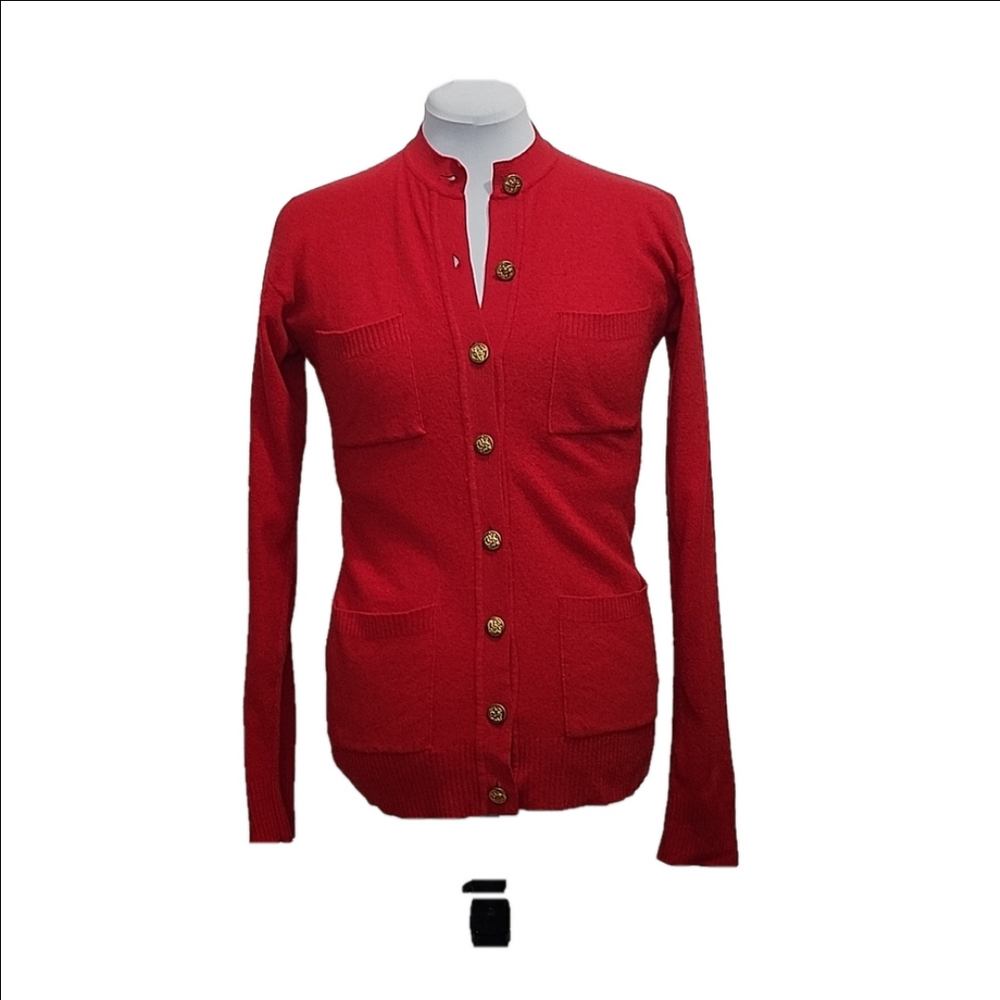 VINTAGE Made In Hong Kong red wool golden crest buttons old money  cardigan
